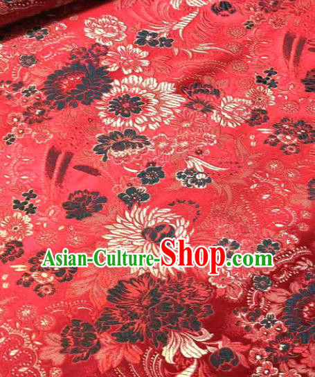 Japan Classical Chrysanthemum Pattern Design Red Brocade Asian Japanese Traditional Kimono Silk Fabric Material
