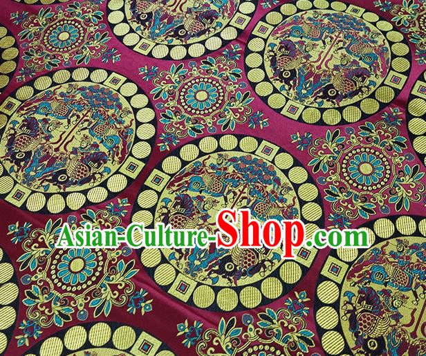 Traditional Chinese Classical Fishes Pattern Design Fabric Wine Red Brocade Tang Suit Satin Drapery Asian Silk Material