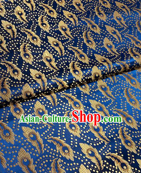 Chinese Classical Blue Brocade Traditional Feather Pattern Design Satin Drapery Asian Tang Suit Silk Fabric Material