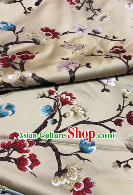 Traditional Chinese Classical Peach Blossom Pattern Design Golden Brocade Satin Drapery Asian Tang Suit Silk Fabric Material