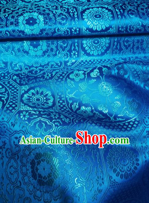 Asian Chinese Classical Galsang Flowers Pattern Design Blue Brocade Fabric Traditional Tang Suit Satin Drapery Silk Material