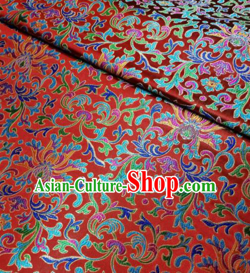 Asian Chinese Royal Colorful Chrysanthemum Pattern Design Red Brocade Fabric Traditional Tang Suit Satin Classical Drapery Silk Material