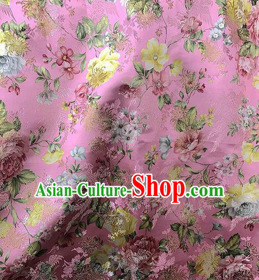 Asian Chinese Cheongsam Pink Satin Classical Chrysanthemum Pattern Design Brocade Fabric Traditional Drapery Silk Material
