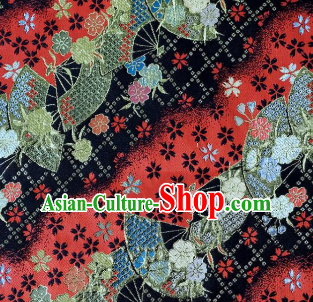 Asian Japanese Kimono Fabric Classical Fan Pattern Design Black Brocade Traditional Drapery Silk Material