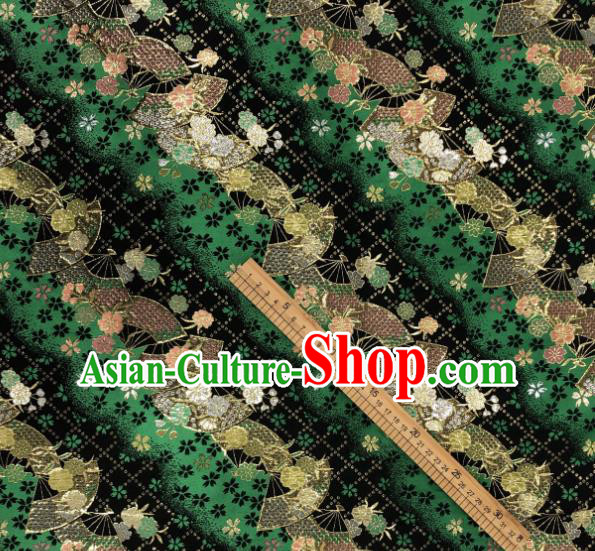 Asian Japanese Kimono Fabric Classical Fan Pattern Design Green Brocade Traditional Drapery Silk Material