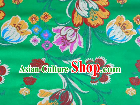 Asian Chinese Fabric Green Satin Classical Tulip Pattern Design Brocade Traditional Drapery Silk Material