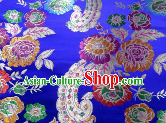 Asian Chinese Classical Roses Pattern Design Royalblue Satin Fabric Brocade Traditional Drapery Silk Material