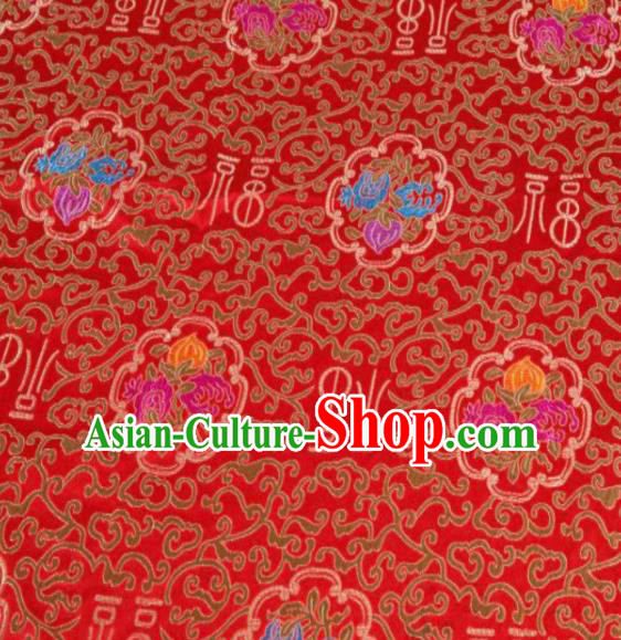 Asian Chinese Classical Lucky Peach Pattern Design Red Satin Fabric Brocade Traditional Drapery Silk Material