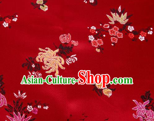 Asian Chinese Classical Peony Chrysanthemum Pattern Design Red Satin Fabric Brocade Traditional Drapery Silk Material