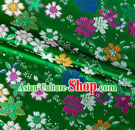Asian Japanese Kimono Fabric Classical Flowers Pattern Design Green Brocade Traditional Drapery Silk Material