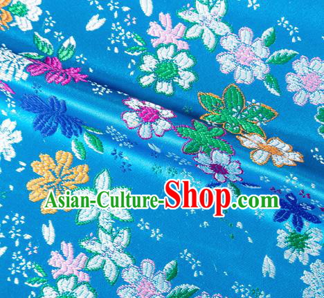 Asian Japanese Kimono Fabric Classical Flowers Pattern Design Blue Brocade Traditional Drapery Silk Material