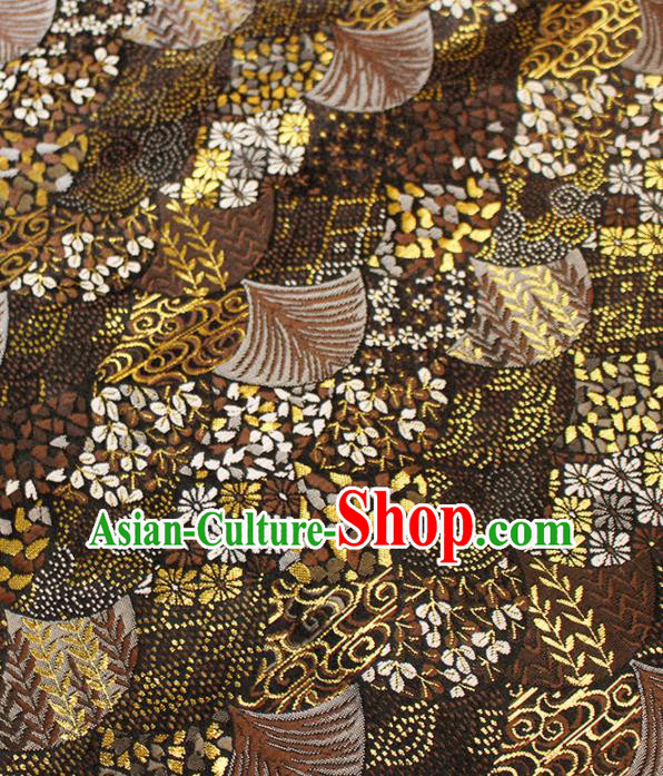 Asian Japanese Kimono Brown Satin Fabric Classical Fan Pattern Design Brocade Traditional Drapery Silk Material