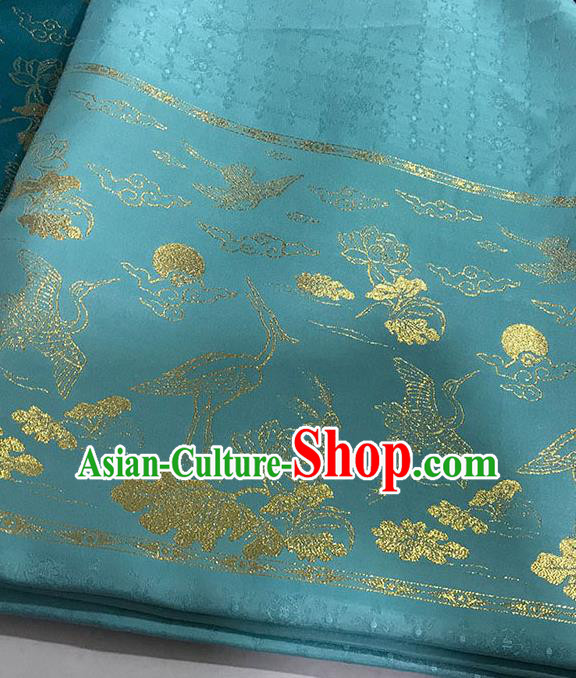 Chinese Hanfu Dress Blue Brocade Classical Crane Lotus Pattern Design Satin Fabric Asian Traditional Drapery Silk Material