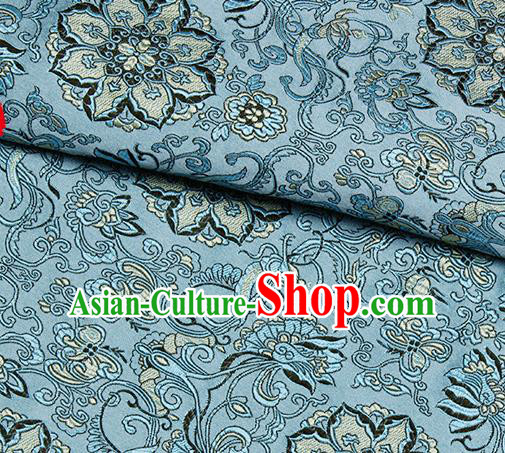 Chinese Classical Rosette Pattern Design Blue Satin Fabric Brocade Asian Traditional Drapery Silk Material