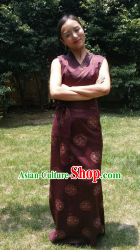 Chinese Traditional Zang Nationality Female Wine Red Dress Ethnic Dance Costume Tibetan Robe for Women