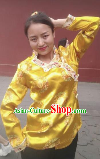 Chinese Traditional Zang Nationality Golden Blouse Tibetan Shirt Ethnic Dance Costume for Women