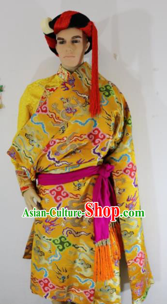 Chinese Traditional Zang Nationality Clothing Golden Tibetan Robe Ethnic Dance Costume for Men