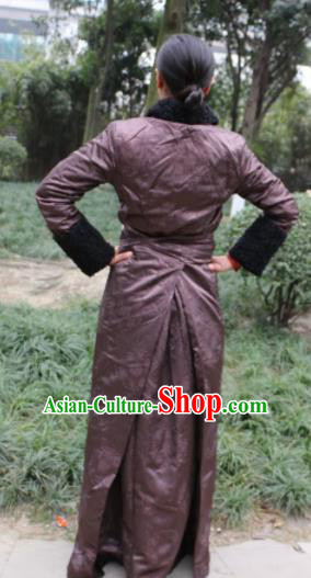 Chinese Traditional Zang Nationality Female Dress Deep Purple Tibetan Robe Ethnic Dance Costume for Women