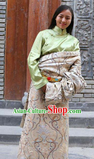 Chinese Traditional Zang Nationality Female Dress White Tibetan Robe Ethnic Dance Costume for Women