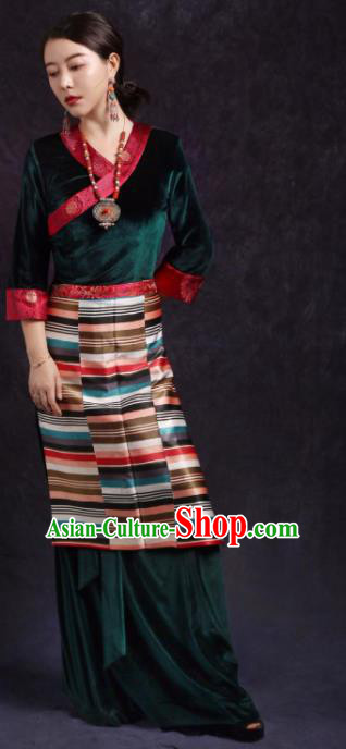 Chinese Traditional Ethnic Tibetan Robe Zang Nationality Female Green Dress Costume for Women