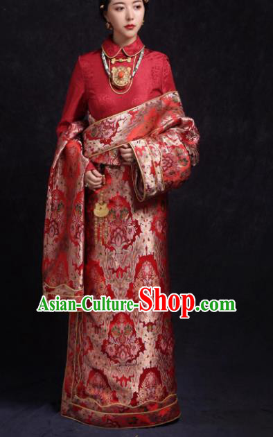 Chinese Traditional Ethnic Bride Red Tibetan Robe Zang Nationality Female Dress Costume for Women