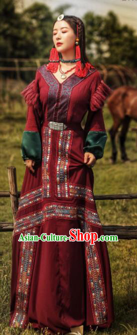 Chinese Traditional Ethnic Bride Tibetan Robe Zang Nationality Female Wine Red Dress Costume for Women