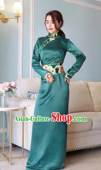 Chinese Traditional Ethnic Bride Tibetan Robe Zang Nationality Female Green Silk Dress Costume for Women