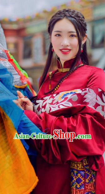 Chinese Traditional Ethnic Bride Wine Red Tibetan Robe Zang Nationality Female Dress Wedding Costume for Women