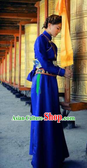 Chinese Traditional Ethnic Bride Royalblue Tibetan Robe Zang Nationality Female Dress Wedding Costume for Women