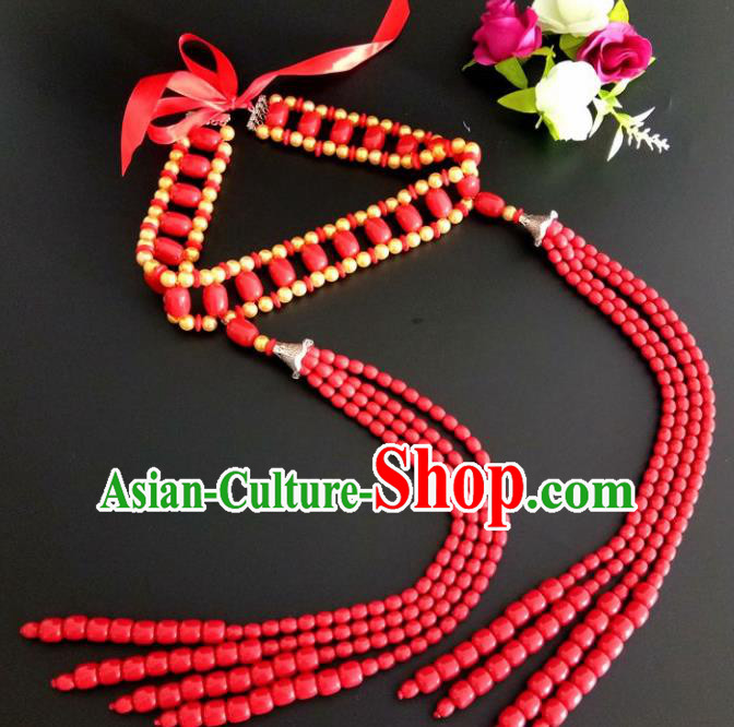 Chinese Traditional Mongol Nationality Red Beads Tassel Hair Clasp Mongolian Ethnic Dance Headband Accessories for Women