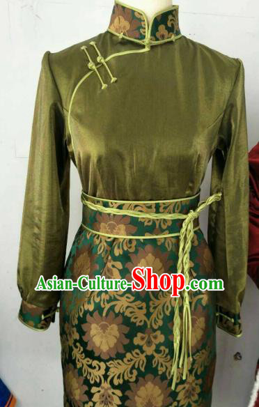 Chinese Traditional Mongolian Ethnic Green Robe Mongol Nationality Female Dress Costume for Women