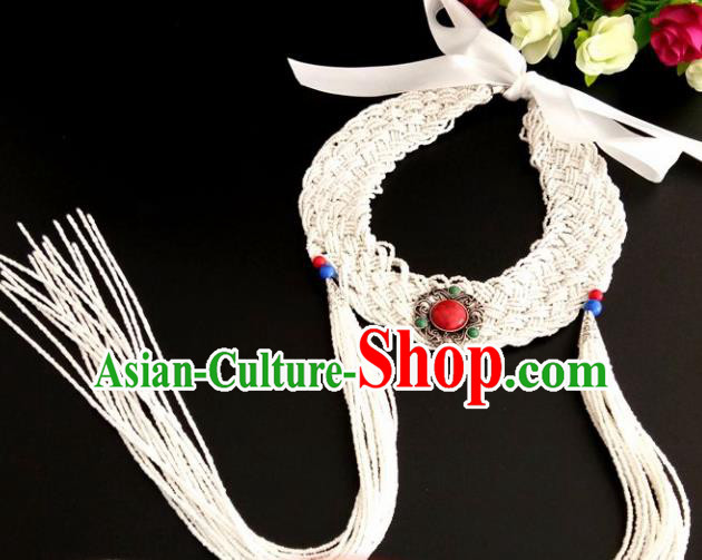 Chinese Traditional Mongol Nationality Weave White Tassel Hair Clasp Mongolian Ethnic Dance Headband Accessories for Women