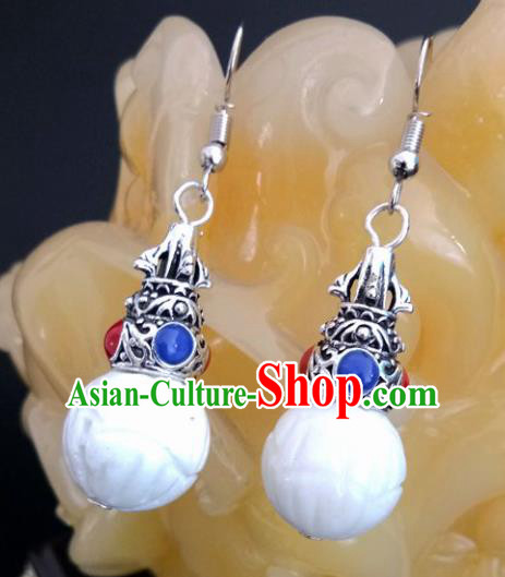 Chinese Traditional Mongol Nationality White Ball Earrings Mongolian Ethnic Ear Accessories for Women