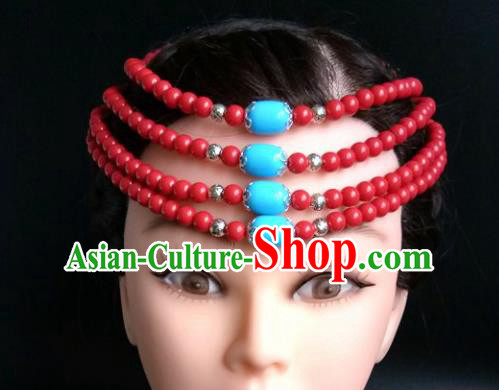 Chinese Traditional Mongol Nationality Red Beads Hair Clasp Mongolian Ethnic Dance Headband Accessories for Women