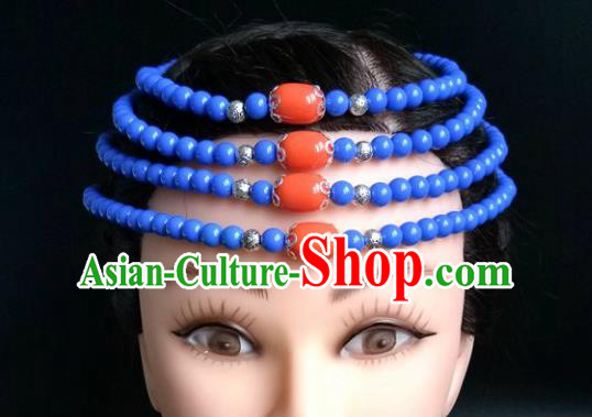 Chinese Traditional Mongol Nationality Royalblue Beads Hair Clasp Mongolian Ethnic Dance Headband Accessories for Women
