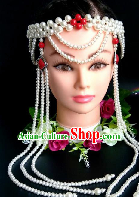 Chinese Traditional Mongol Nationality Red Beads Hair Clasp Mongolian Ethnic Dance Tassel Headband Accessories for Women