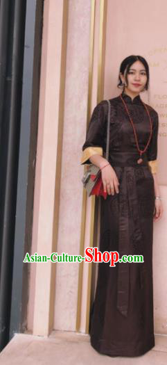 Chinese Traditional Zang Nationality Female Brown Silk Dress Tibetan Robe Ethnic Dance Costume for Women