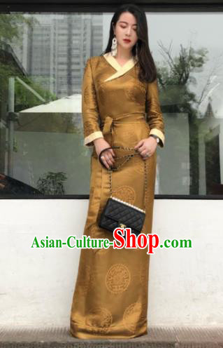 Chinese Traditional Zang Nationality Female Bronze Dress Tibetan Robe Ethnic Dance Costume for Women