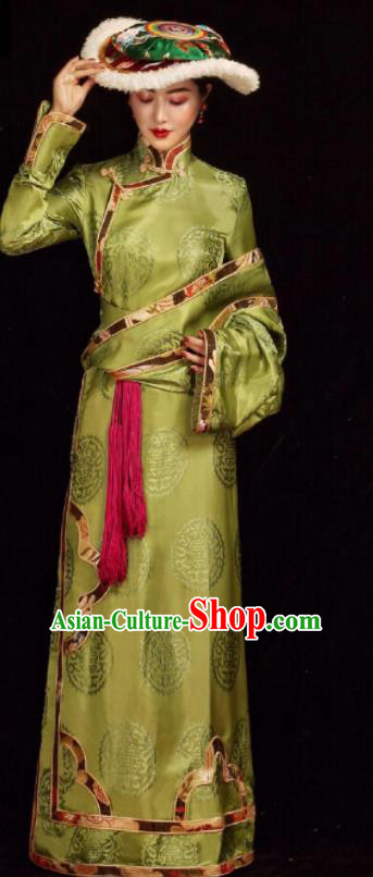 Chinese Traditional Green Tibetan Robe Zang Nationality Female Dress Ethnic Costume for Women