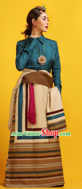Chinese Traditional Ethnic Khaki Woolen Tibetan Robe Zang Nationality Female Dress Costume for Women