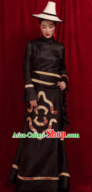 Chinese Traditional Ethnic Black Tibetan Robe Zang Nationality Female Dress Costume for Women