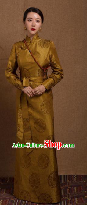 Chinese Traditional Ethnic Golden Tibetan Robe Zang Nationality Female Dress Costume for Women