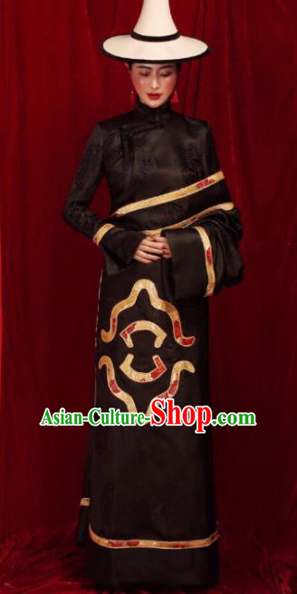 Chinese Traditional Ethnic Black Tibetan Robe Zang Nationality Female Dress Costume for Women