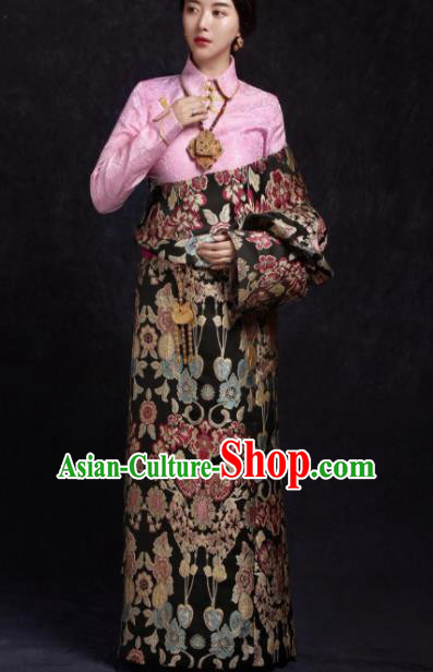 Chinese Traditional Ethnic Black Brocade Tibetan Robe Zang Nationality Female Dress Costume for Women