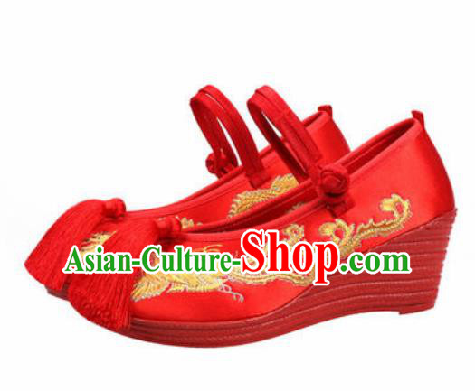 Chinese Traditional Shoes Opera Wedding Satin Shoes Hanfu Princess Shoes Embroidered Phoenix Red Shoes for Women