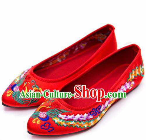 Chinese Traditional Opera Shoes Wedding Red Shoes Hanfu Princess Shoes Embroidered Phoenix Shoes for Women