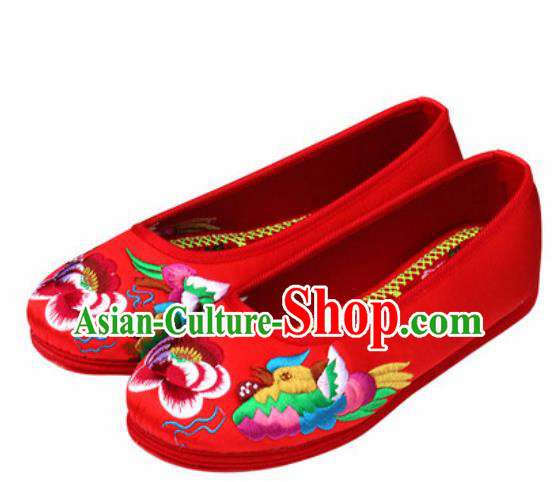 Chinese Traditional Opera Red Satin Shoes Wedding Shoes Hanfu Princess Shoes Embroidered Mandarin Duck Shoes for Women