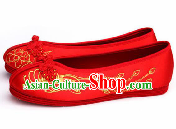 Chinese Traditional Opera Red Satin Shoes Wedding Shoes Hanfu Princess Shoes Embroidered Peony Phoenix Shoes for Women