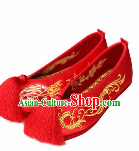 Chinese Traditional Embroidered Phoenix Peony Shoes Opera Red Satin Shoes Wedding Shoes Hanfu Princess Shoes for Women