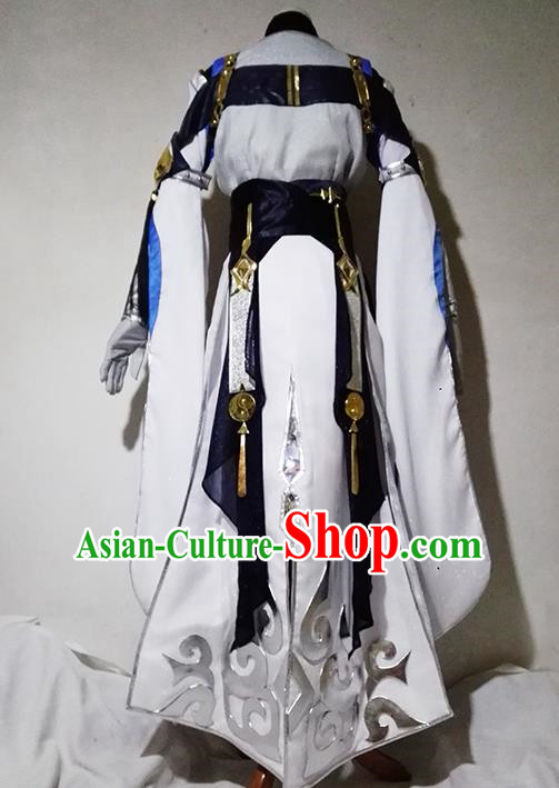 Chinese Traditional Cosplay Taoist Priest White Costume Ancient Swordsman Hanfu Clothing for Men